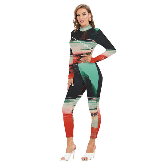 All-Over Print Women's Long-sleeved High-neck Jumpsuit With Zipper