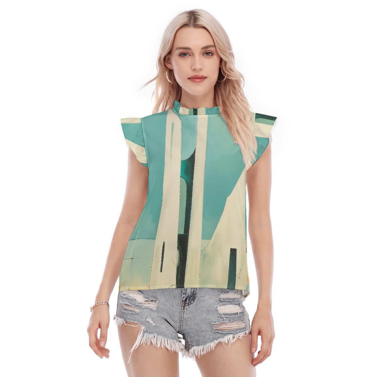 All-Over Print Women's Blouse With Ruffle Collar And Sleeve