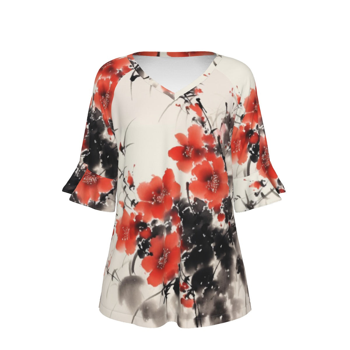 All-Over Print V-neck Women's T-shirt With Bell Sleeve