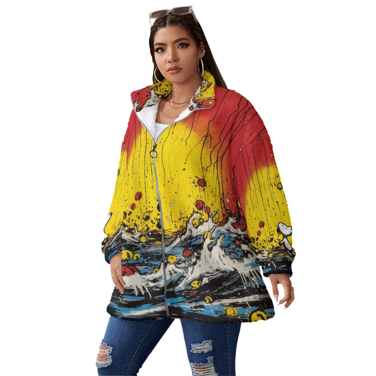 All-Over Print Unisex Borg Fleece Stand-up Collar Coat With Zipper Closure(Plus Size)