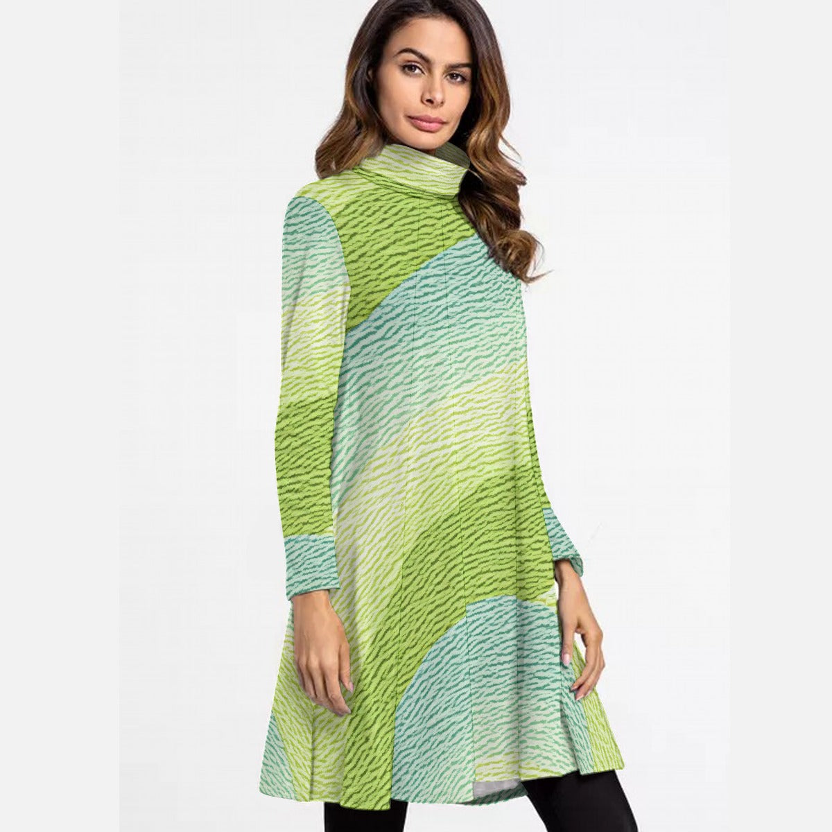 All-Over Print Women's High Neck Dress With Long Sleeve