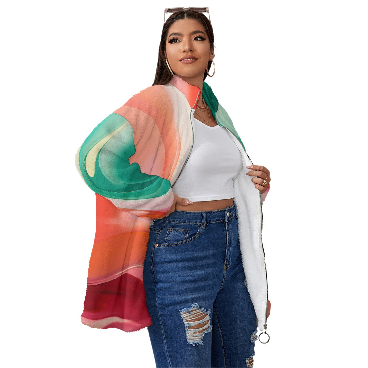 All-Over Print Unisex Borg Fleece Stand-up Collar Coat With Zipper Closure(Plus Size)