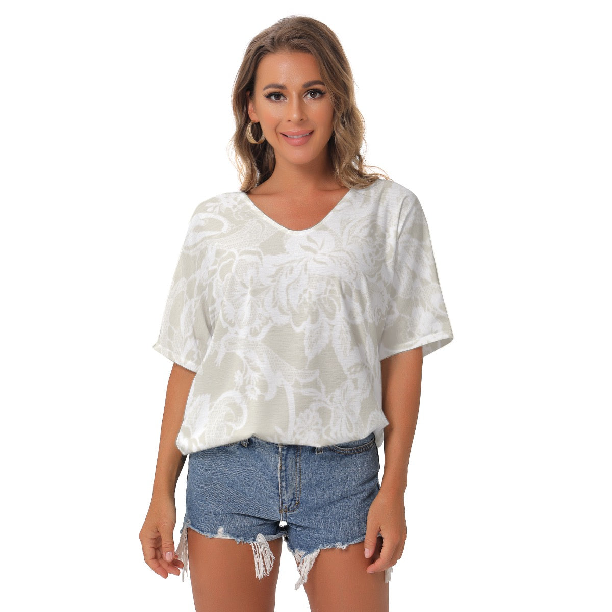 All-Over Print Women's Bat Sleeves V-Neck Blouse