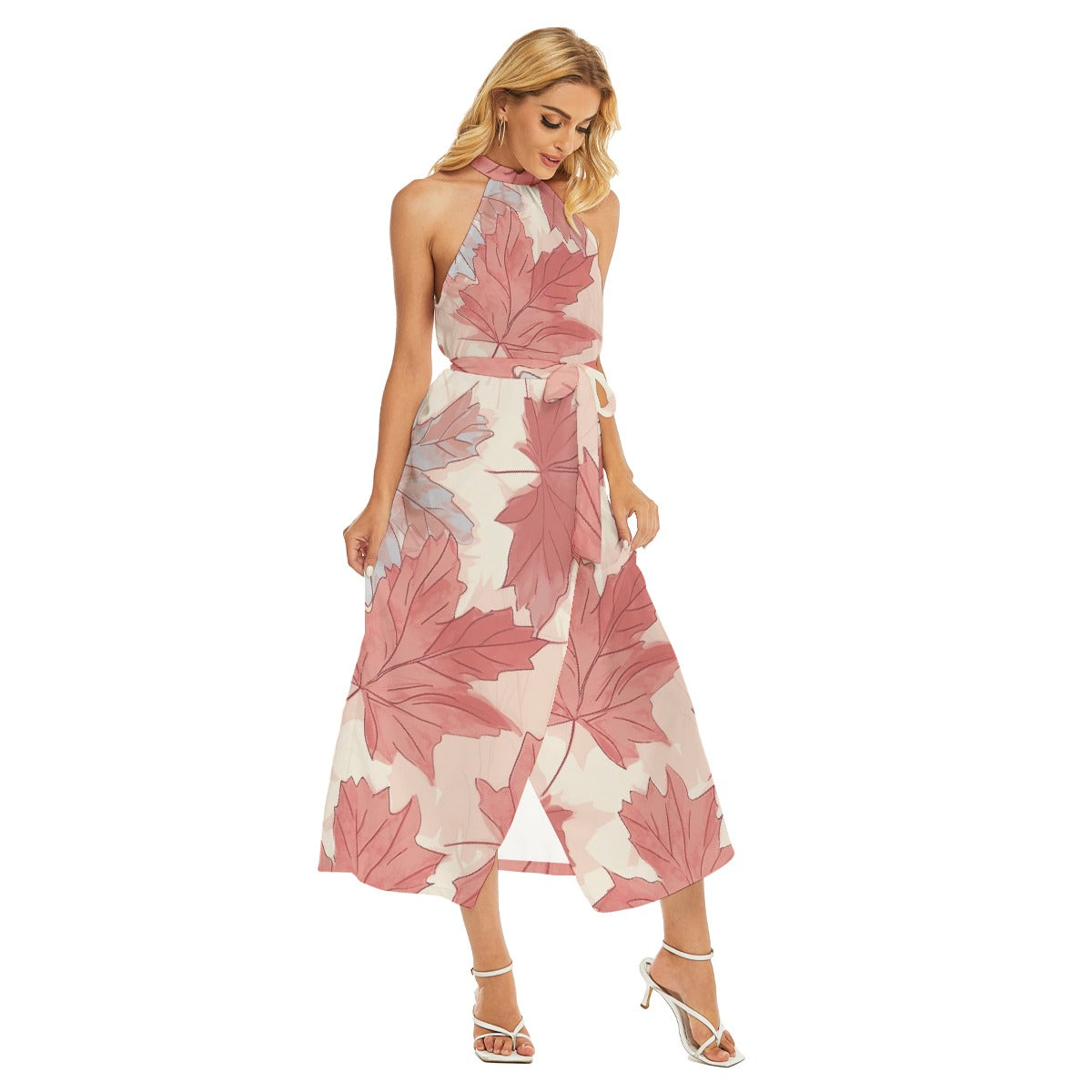 All-Over Print Women's Wrap Hem Belted Halter Dress