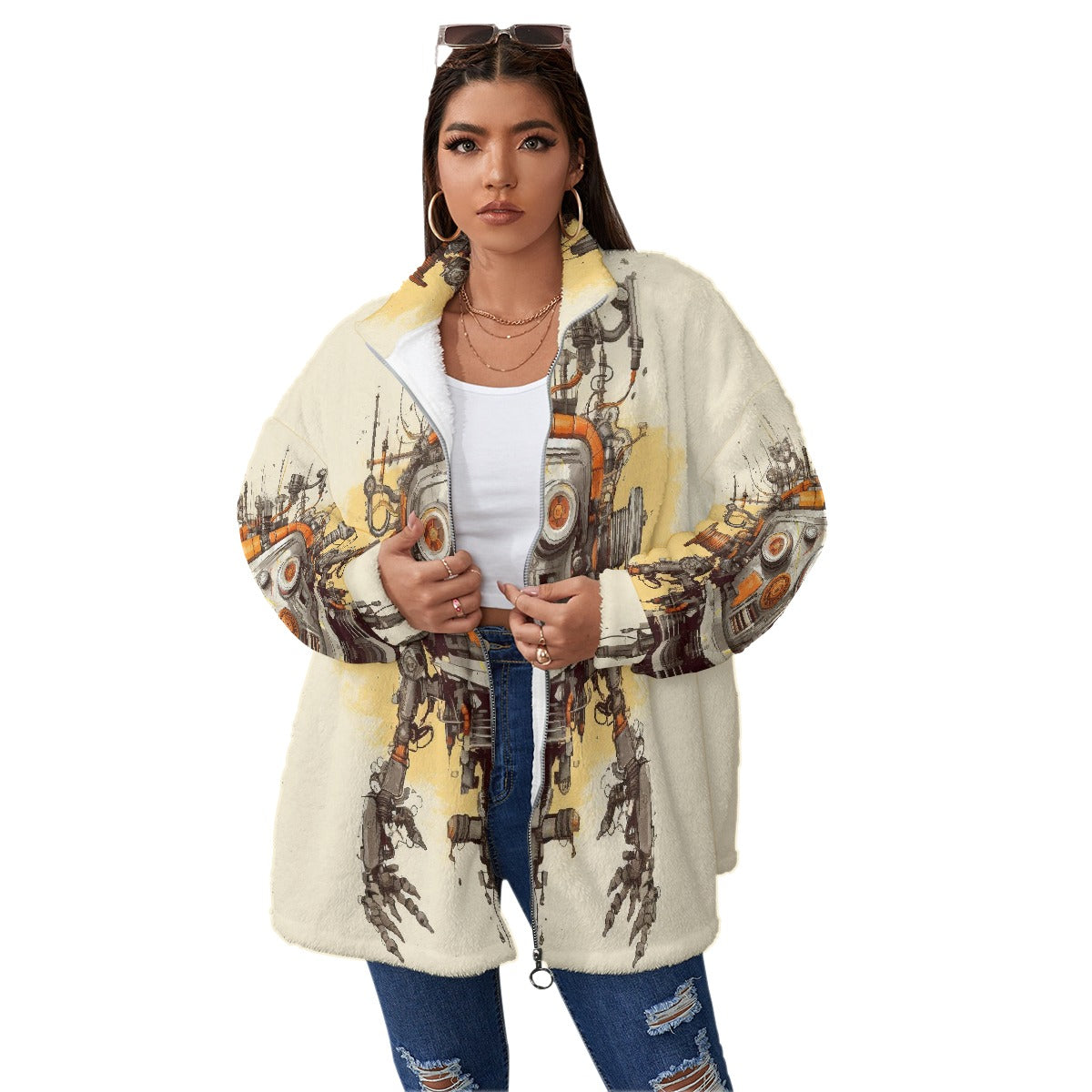 All-Over Print Unisex Borg Fleece Stand-up Collar Coat With Zipper Closure(Plus Size)