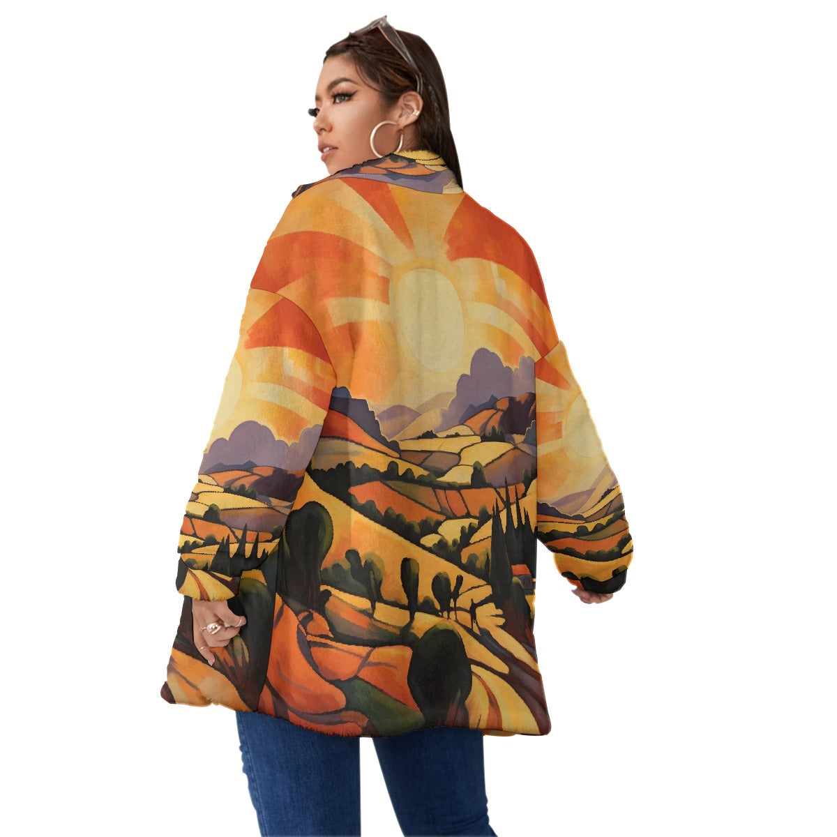 All-Over Print Unisex Borg Fleece Stand-up Collar Coat With Zipper Closure(Plus Size)