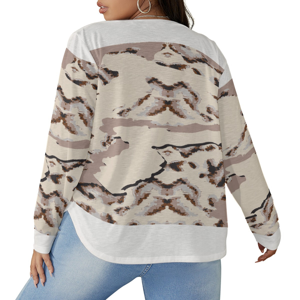 All-Over Print Women's V-neck T-shirt With Curved Hem(Plus Size)