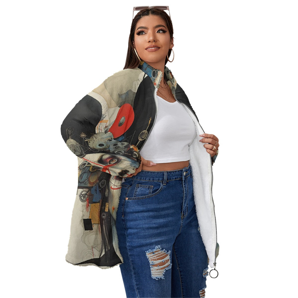 All-Over Print Unisex Borg Fleece Stand-up Collar Coat With Zipper Closure(Plus Size)