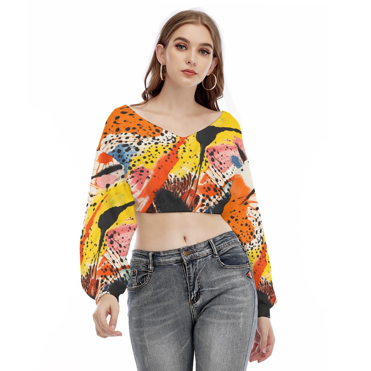 All-Over Print Women's V-neck Long Sleeve Cropped Sweatshirt