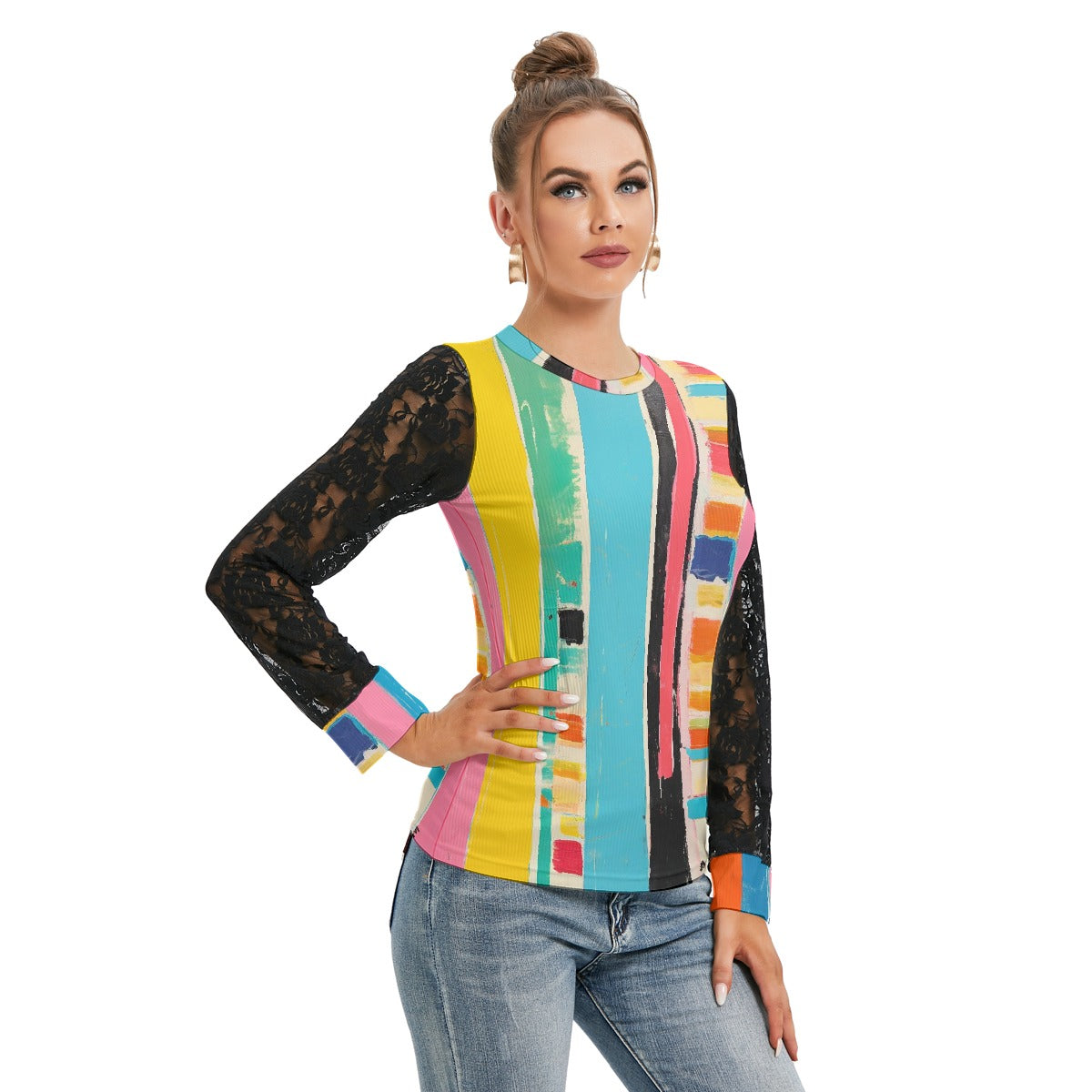 All-Over Print Women's T-shirt And Sleeve With Black Lace