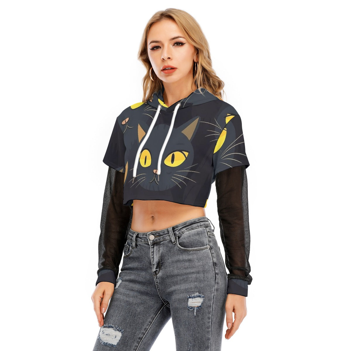 All-Over Print Women's Fake Two-piece Mesh Sleeve Cropped Hoodie