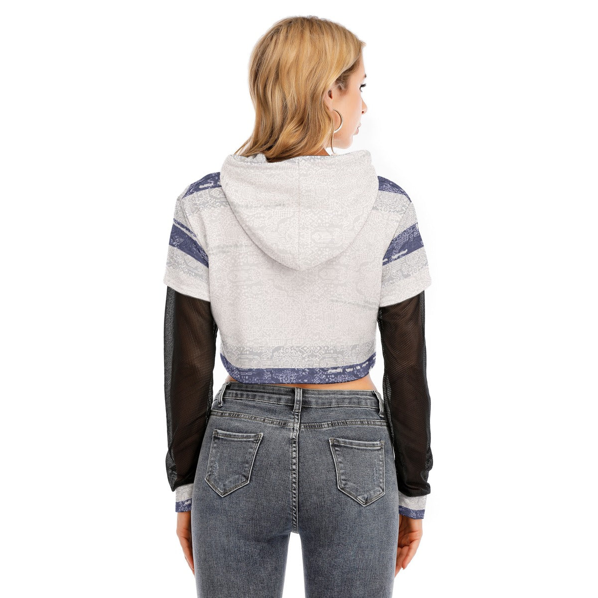 All-Over Print Women's Fake Two-piece Mesh Sleeve Cropped Hoodie