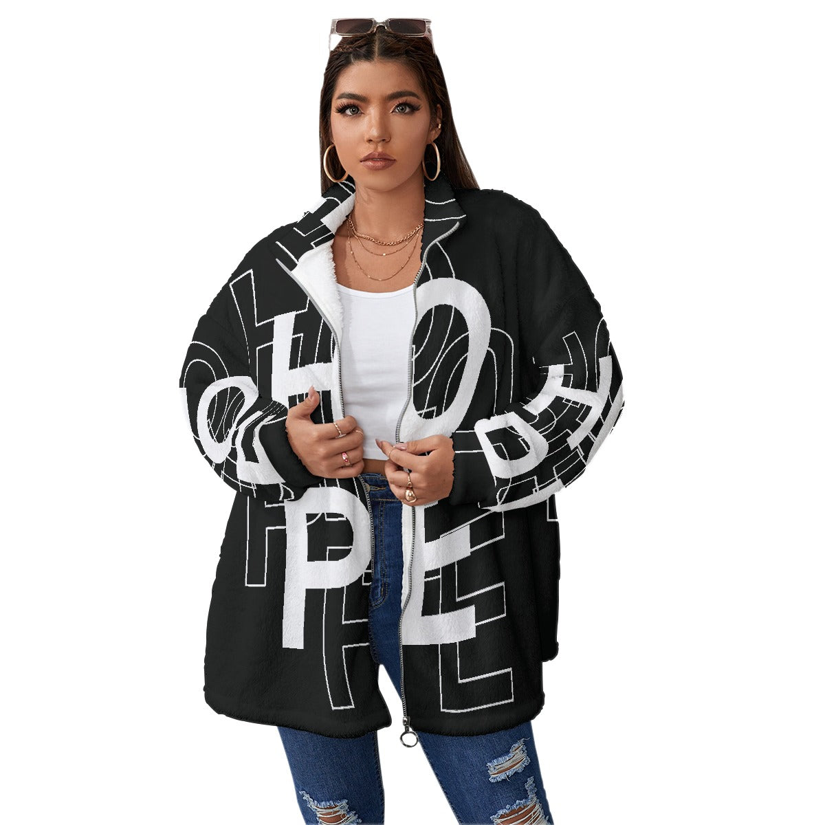All-Over Print Unisex Borg Fleece Stand-up Collar Coat With Zipper Closure(Plus Size)