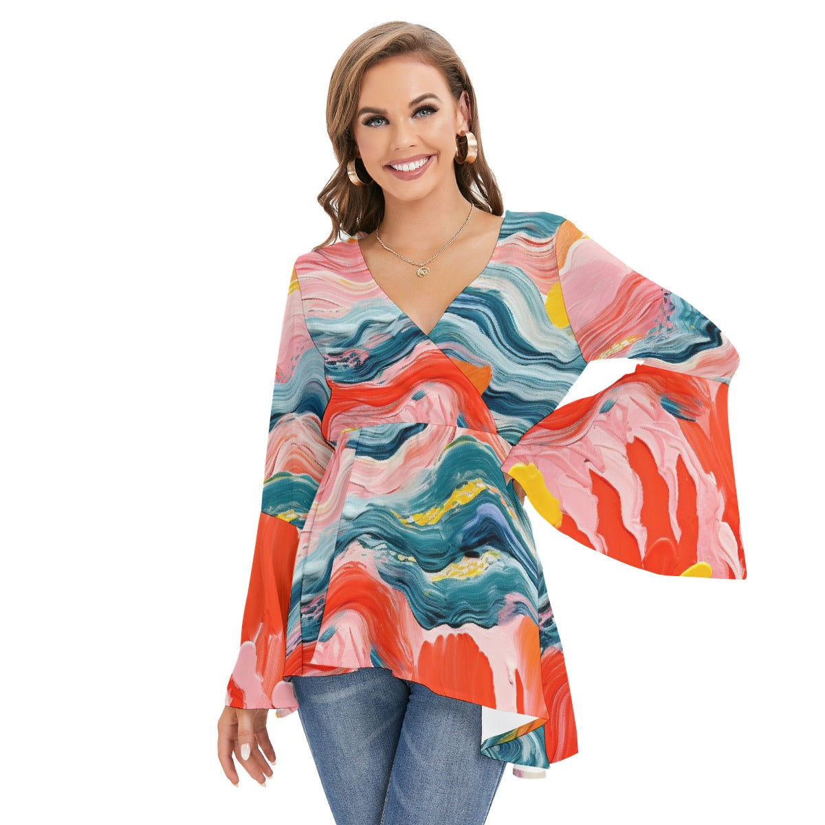 All-Over Print Women's V-neck Blouse With Flared Sleeves