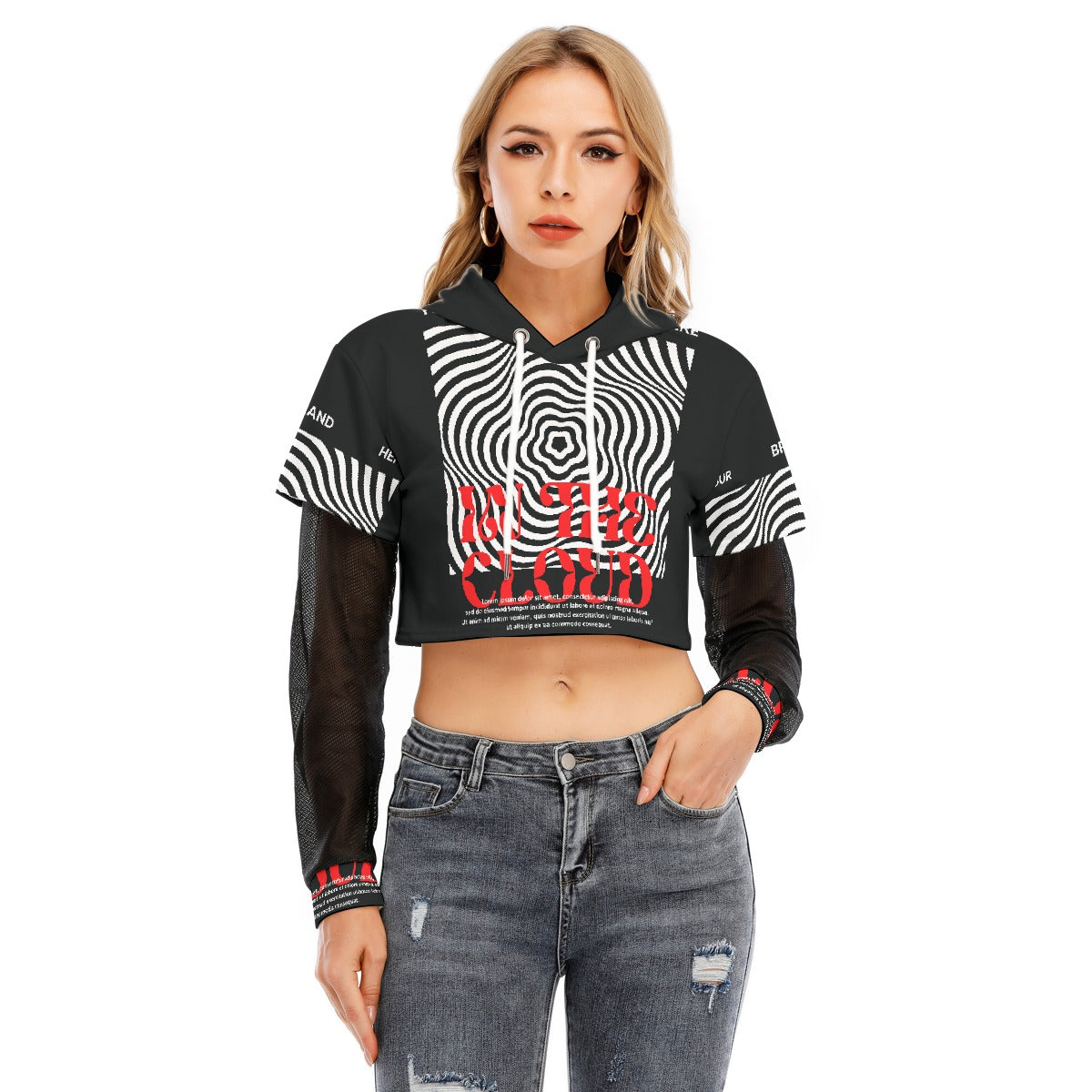 All-Over Print Women's Fake Two-piece Mesh Sleeve Cropped Hoodie