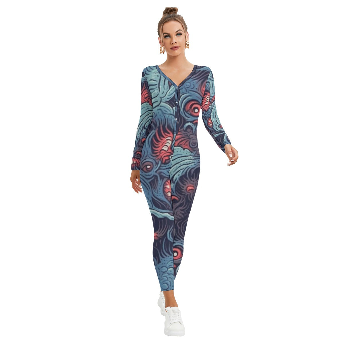 All-Over Print Women's Plunging Neck Jumpsuit