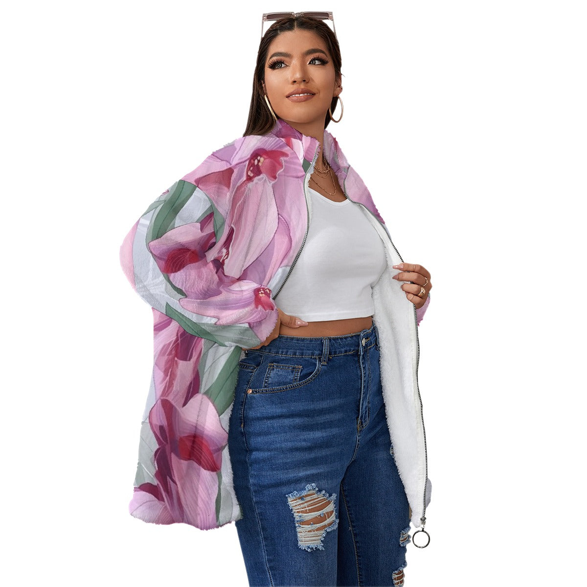 All-Over Print Unisex Borg Fleece Stand-up Collar Coat With Zipper Closure(Plus Size)