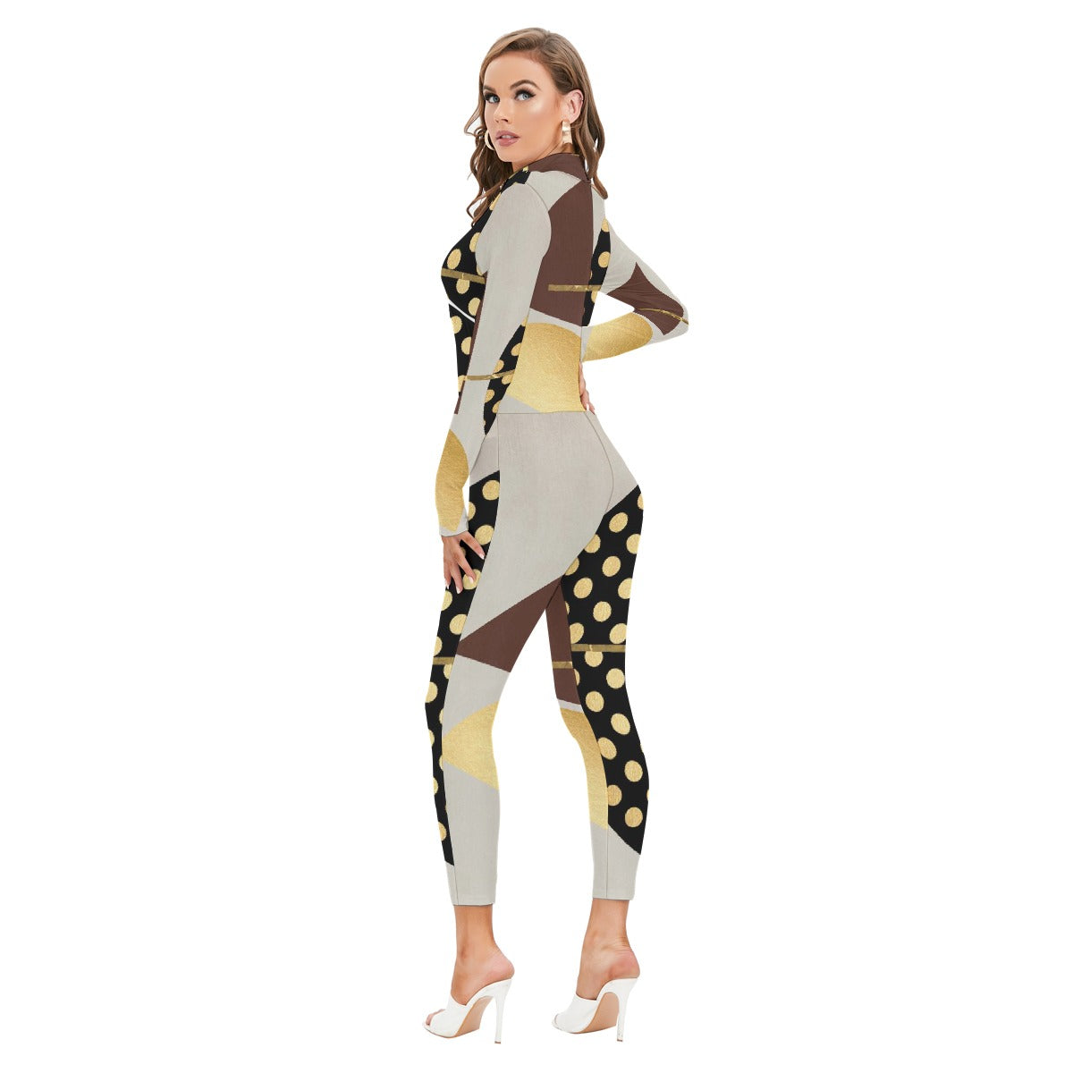 All-Over Print Women's Long-sleeved High-neck Jumpsuit With Zipper