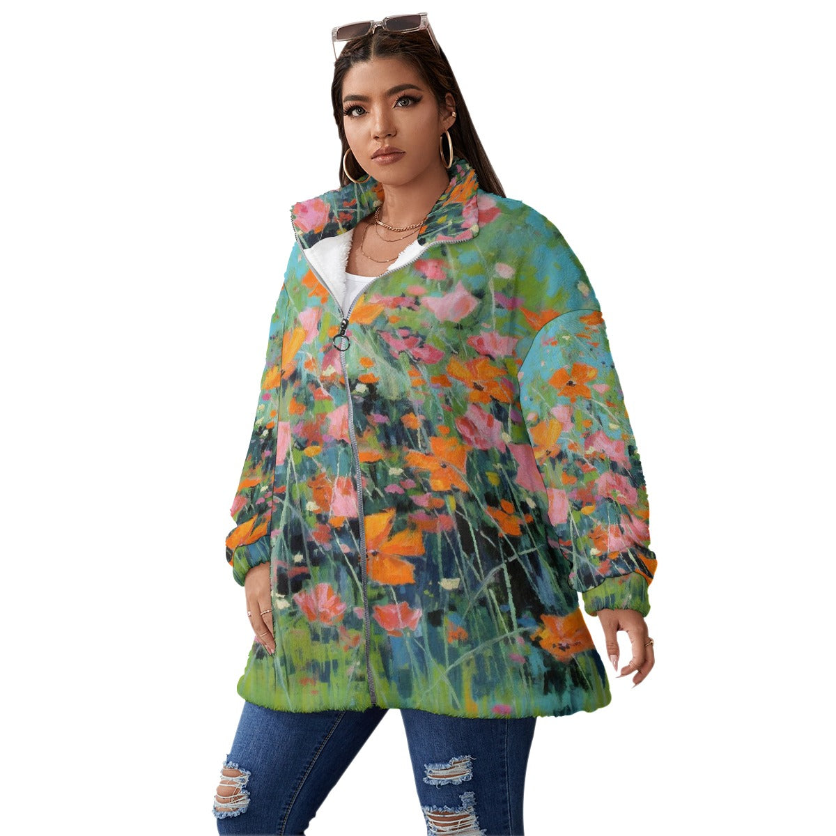 All-Over Print Unisex Borg Fleece Stand-up Collar Coat With Zipper Closure(Plus Size)