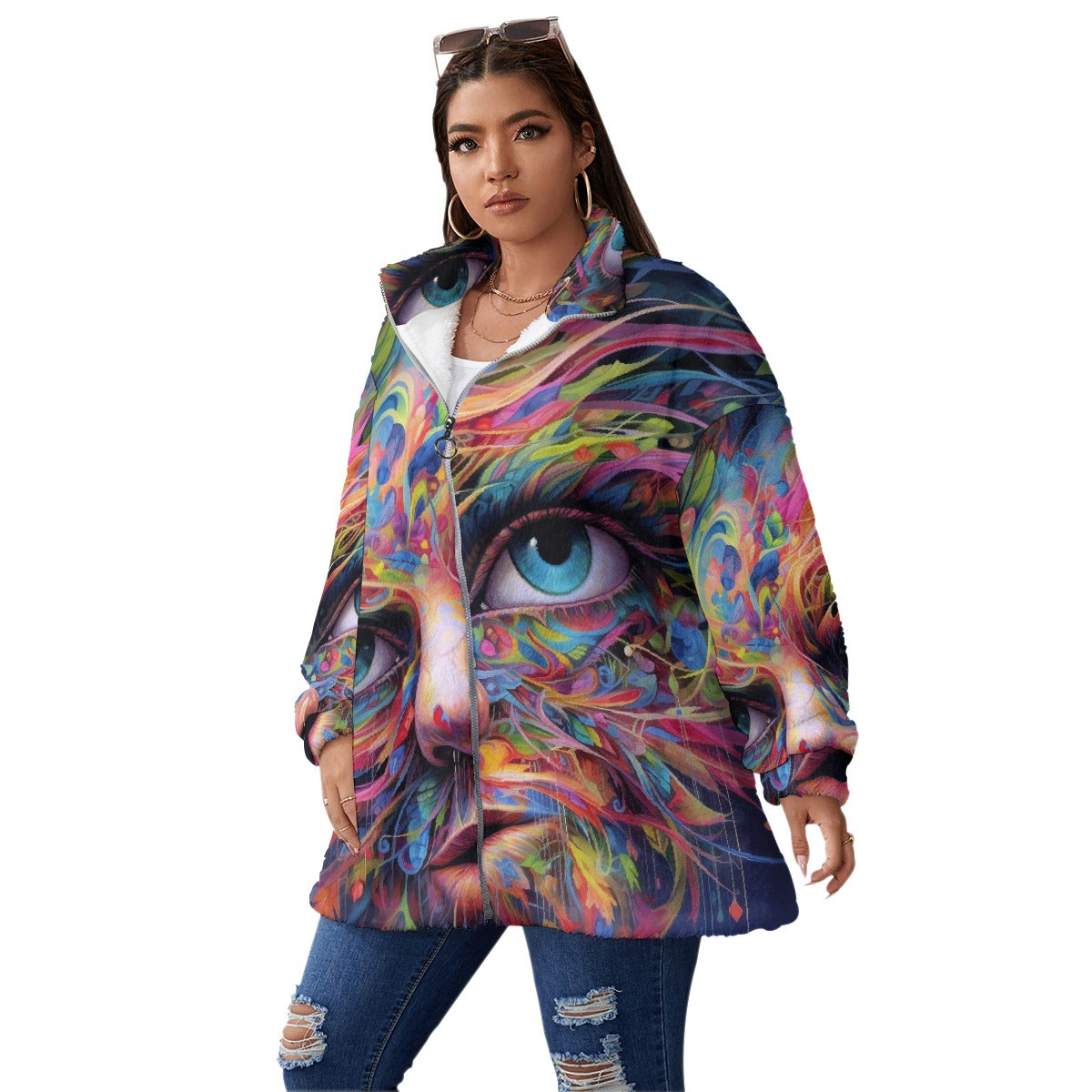 All-Over Print Unisex Borg Fleece Stand-up Collar Coat With Zipper Closure(Plus Size)
