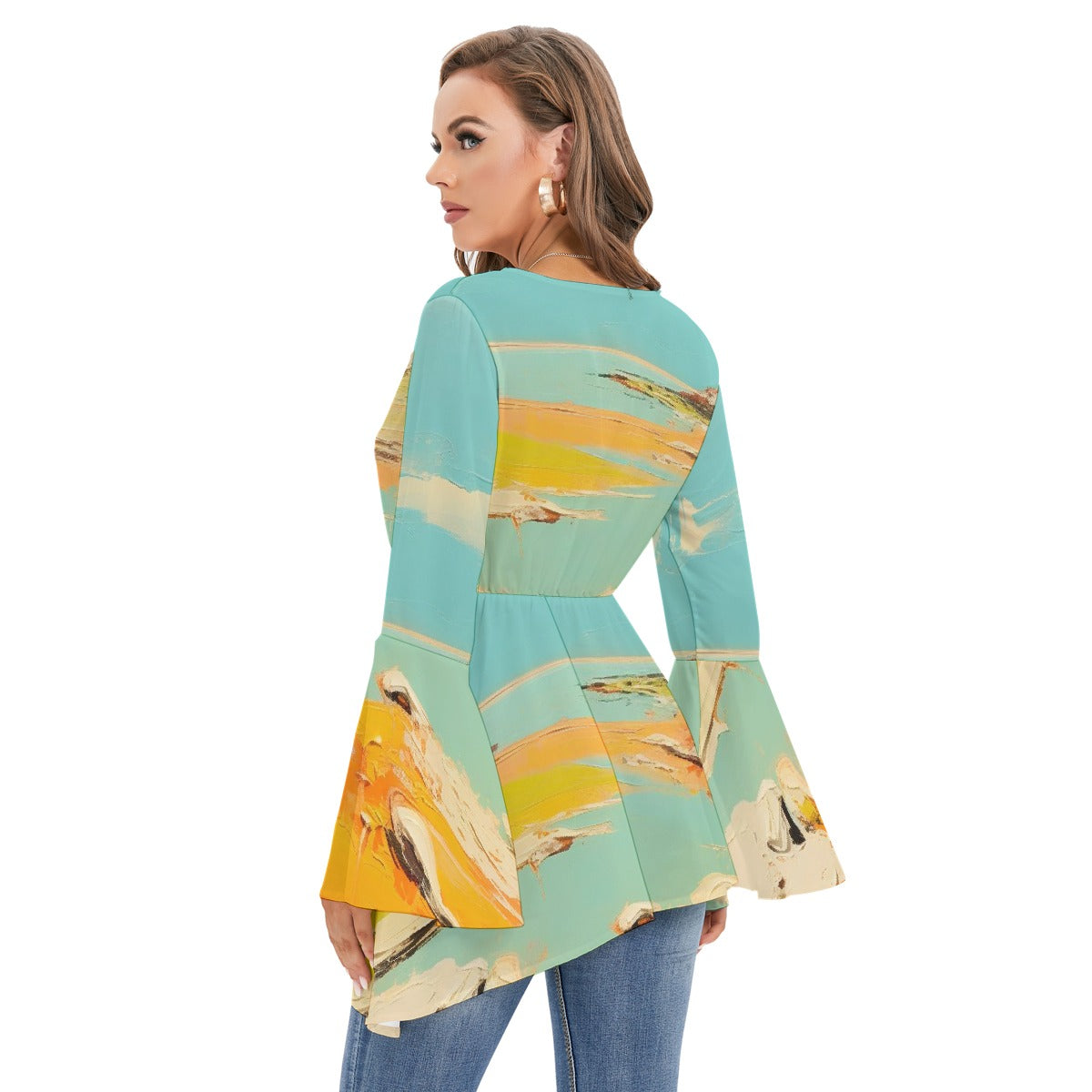 All-Over Print Women's V-neck Blouse With Flared Sleeves