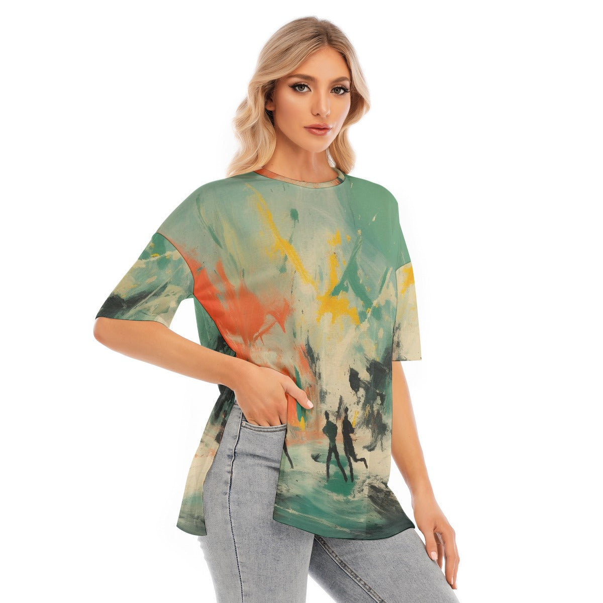 All-Over Print Women's Short Sleeves T-shirt With Hem Split