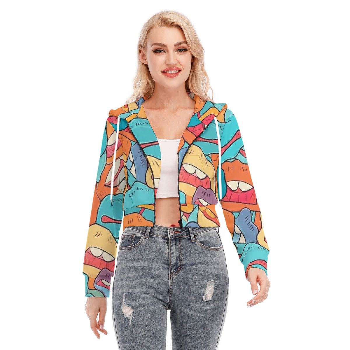 All-Over Print Women's Crop Top Hoodie With Zipper Closure