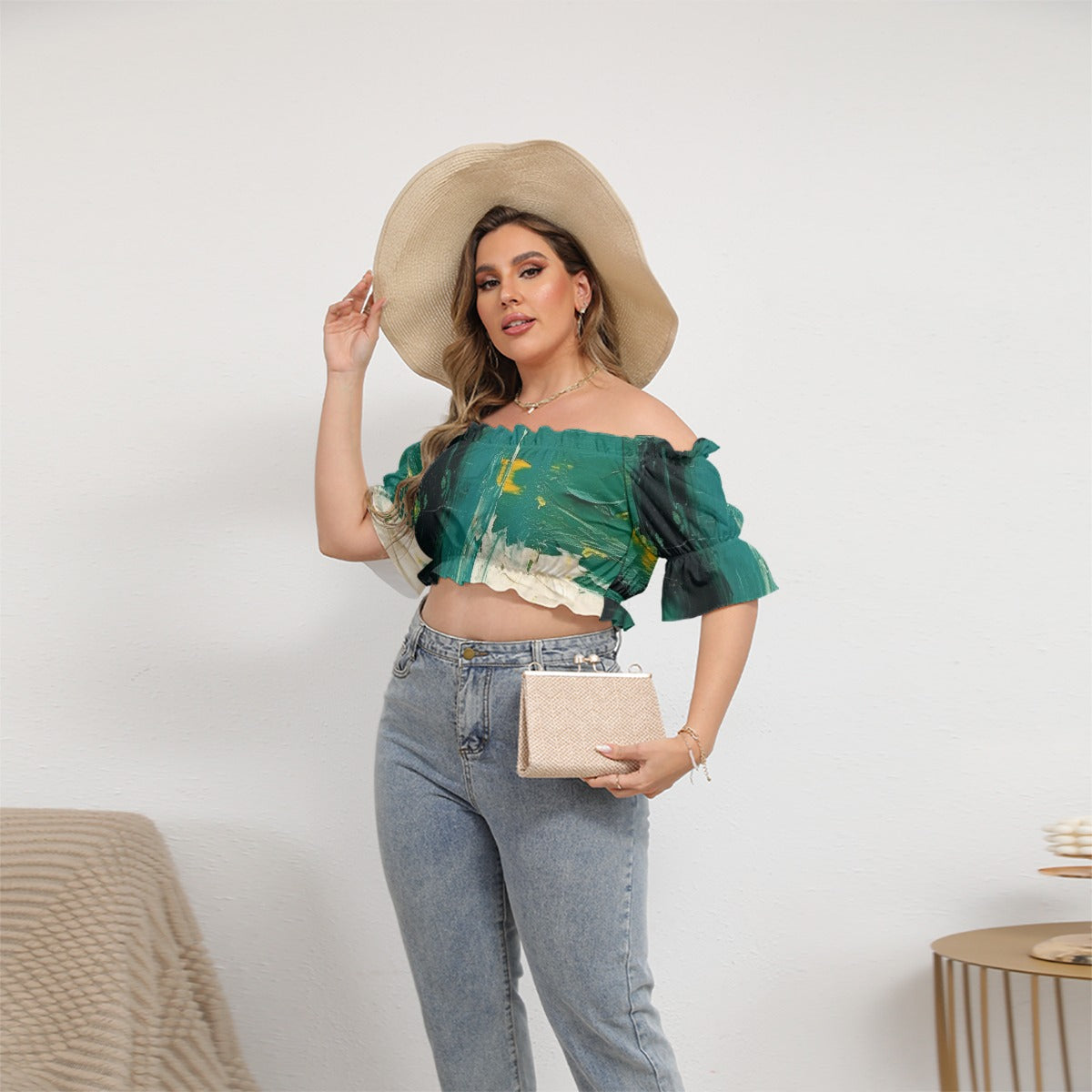 All-Over Print Women's Off-shoulder Cropped Top With Short Puff Sleeve