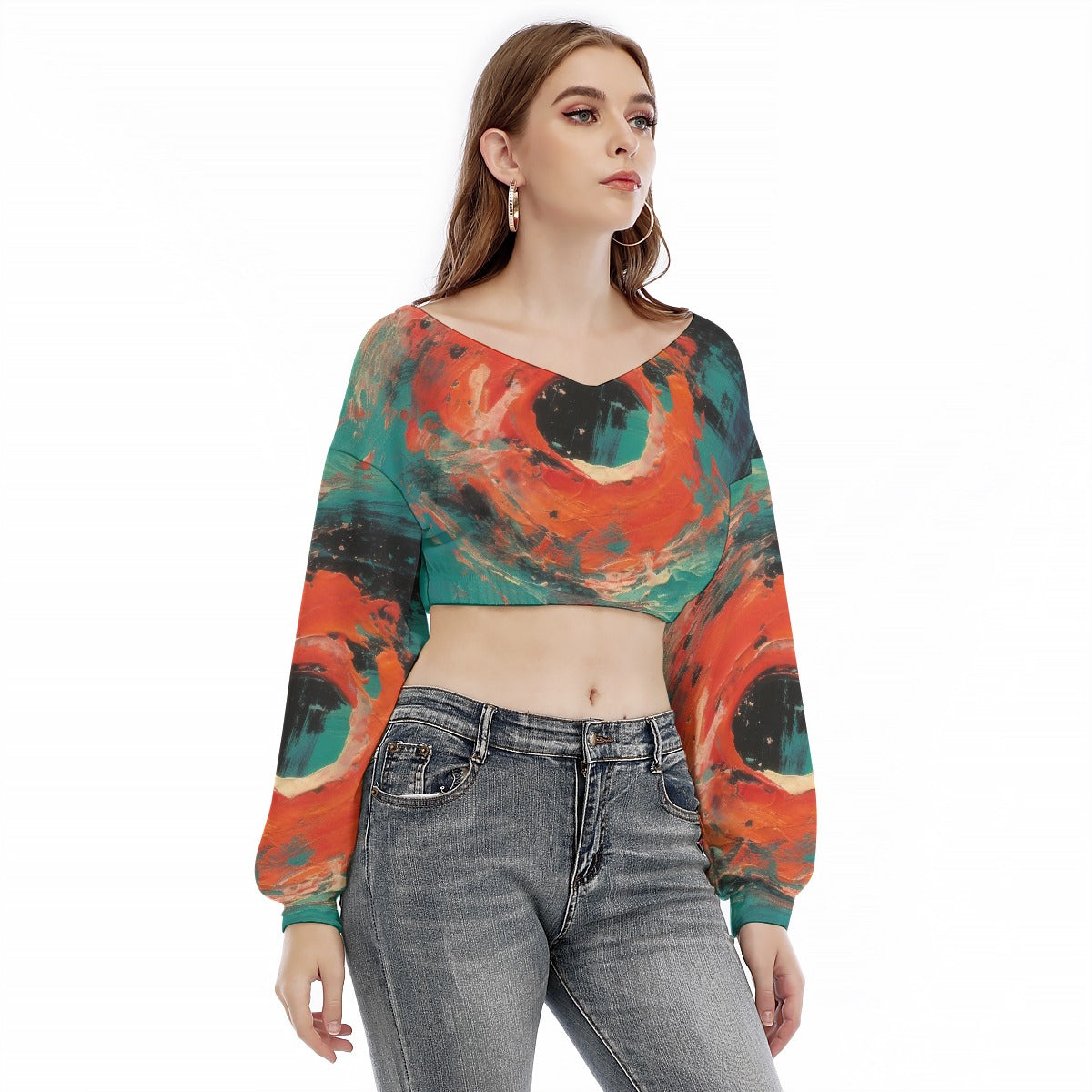 All-Over Print Women's V-neck Long Sleeve Cropped Sweatshirt