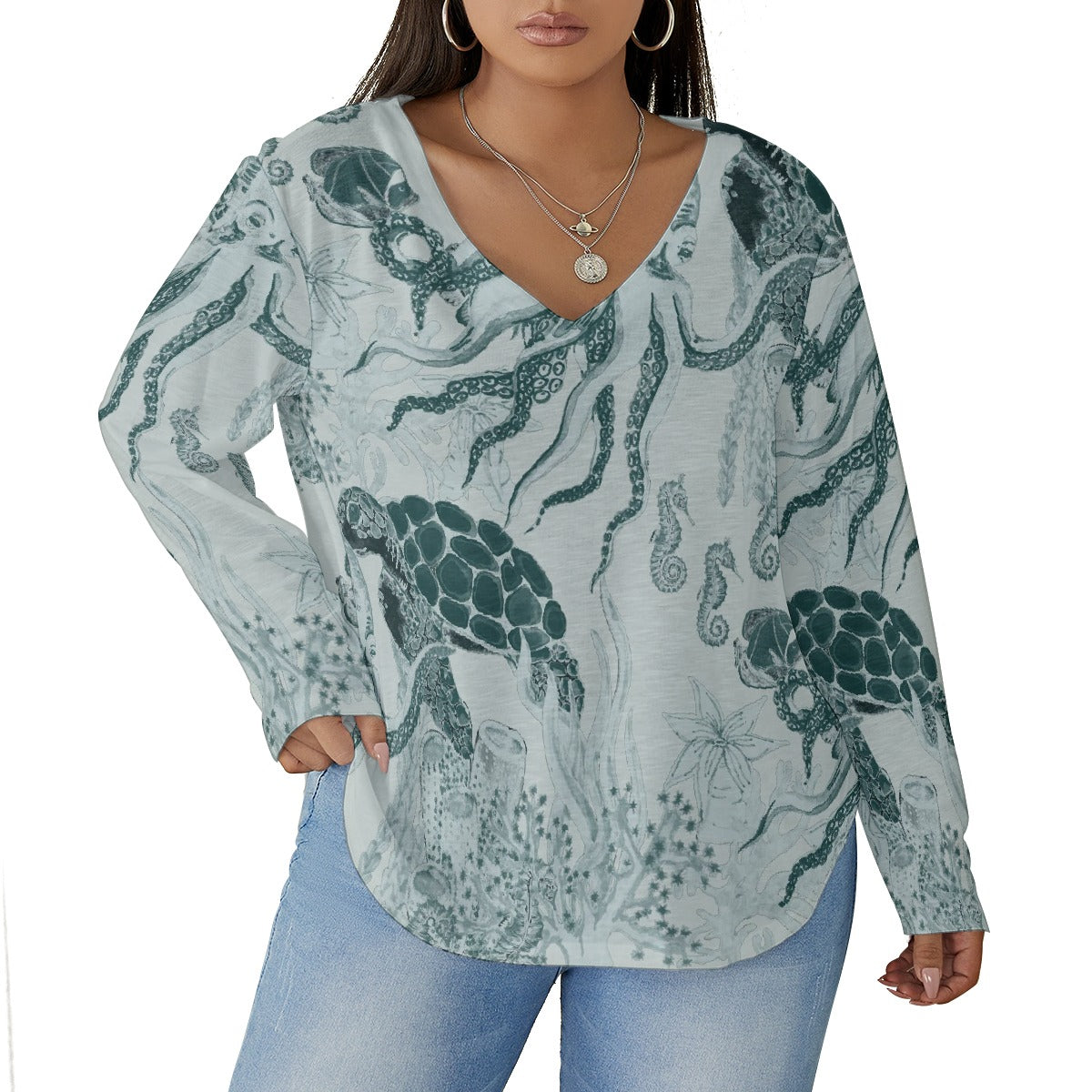 All-Over Print Women's V-neck T-shirt With Curved Hem(Plus Size)