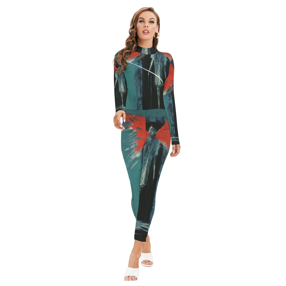 All-Over Print Women's Long-sleeved High-neck Jumpsuit With Zipper