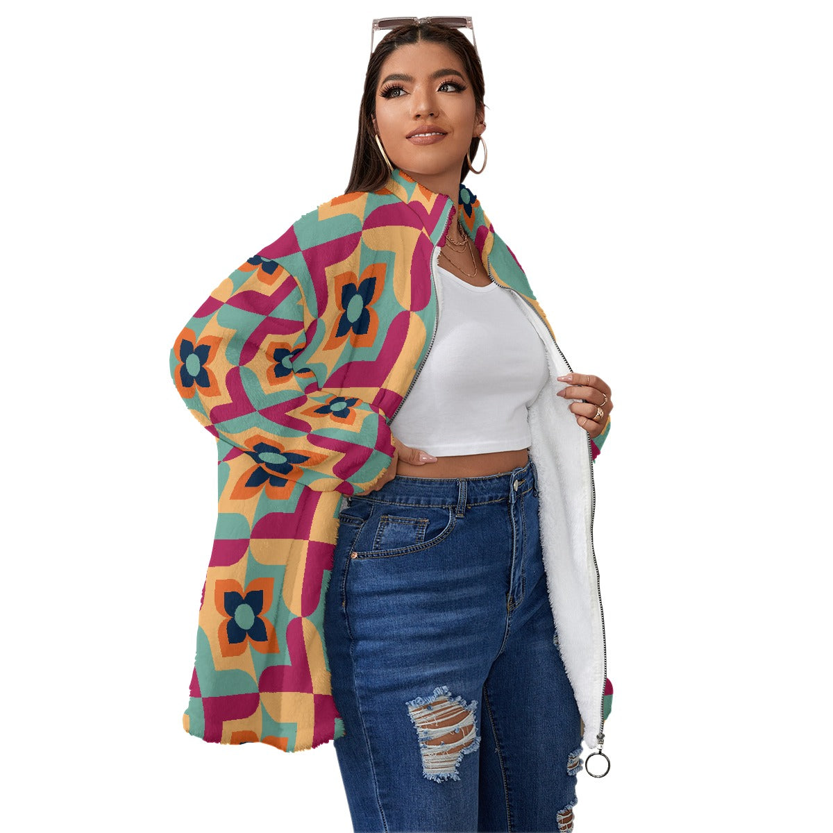 All-Over Print Unisex Borg Fleece Stand-up Collar Coat With Zipper Closure(Plus Size)