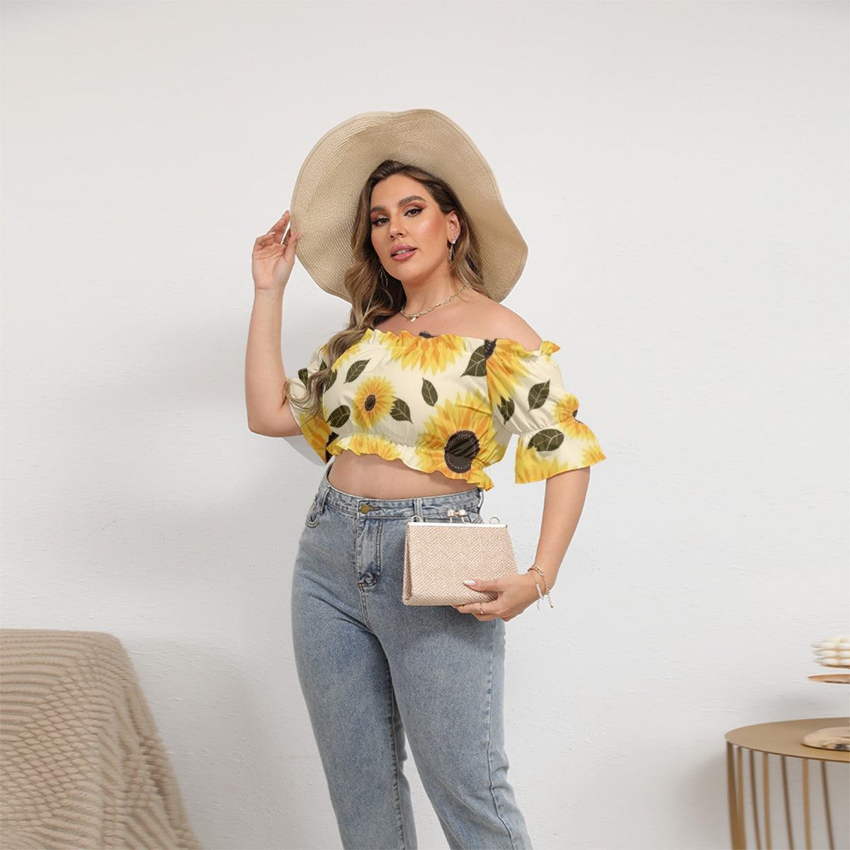 All-Over Print Women's Off-shoulder Cropped Top With Short Puff Sleeve
