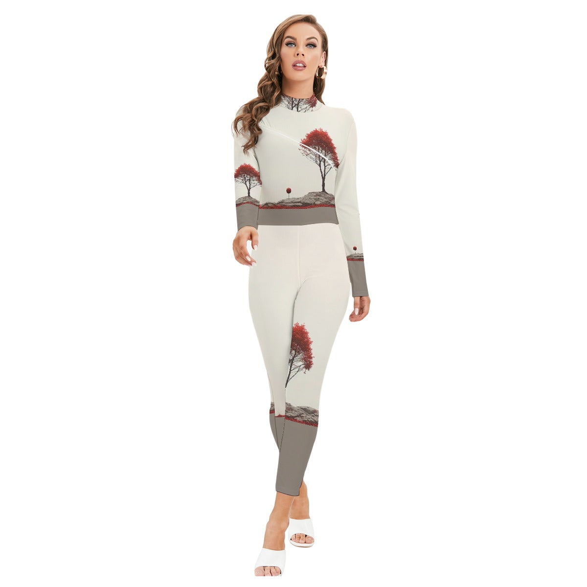 All-Over Print Women's Long-sleeved High-neck Jumpsuit With Zipper