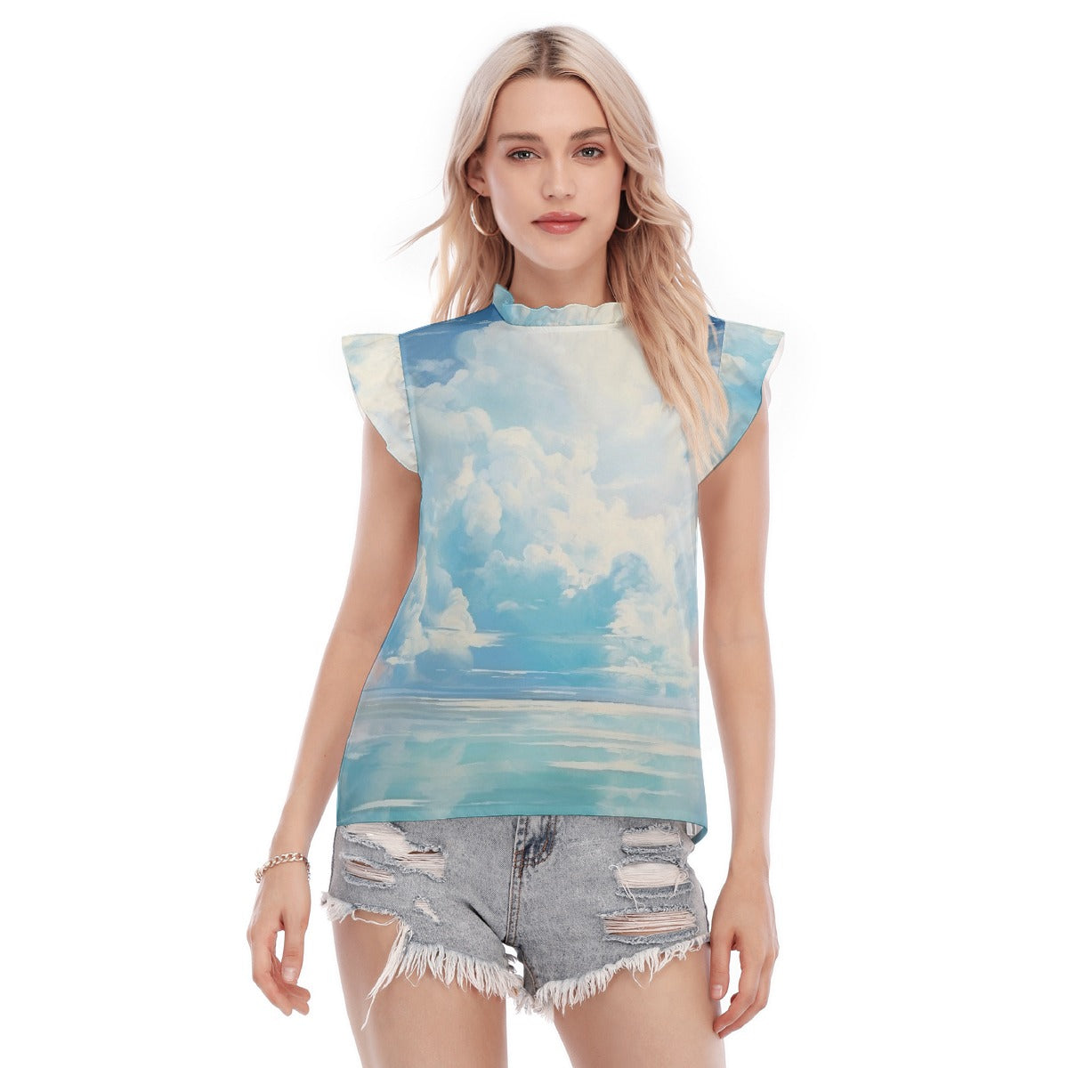 All-Over Print Women's Blouse With Ruffle Collar And Sleeve