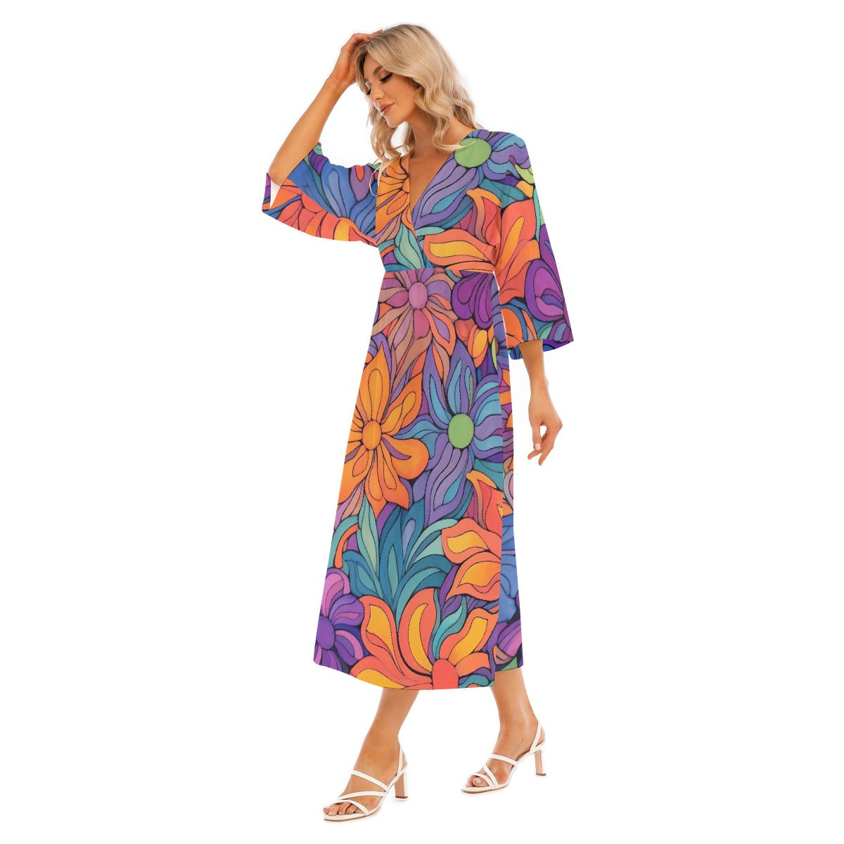All-Over Print Women's Mid-Sleeve Long Dress