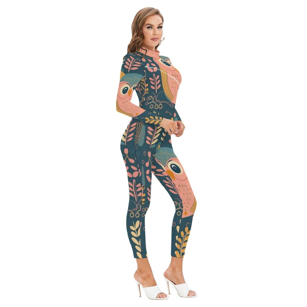 All-Over Print Women's Long-sleeved High-neck Jumpsuit With Zipper