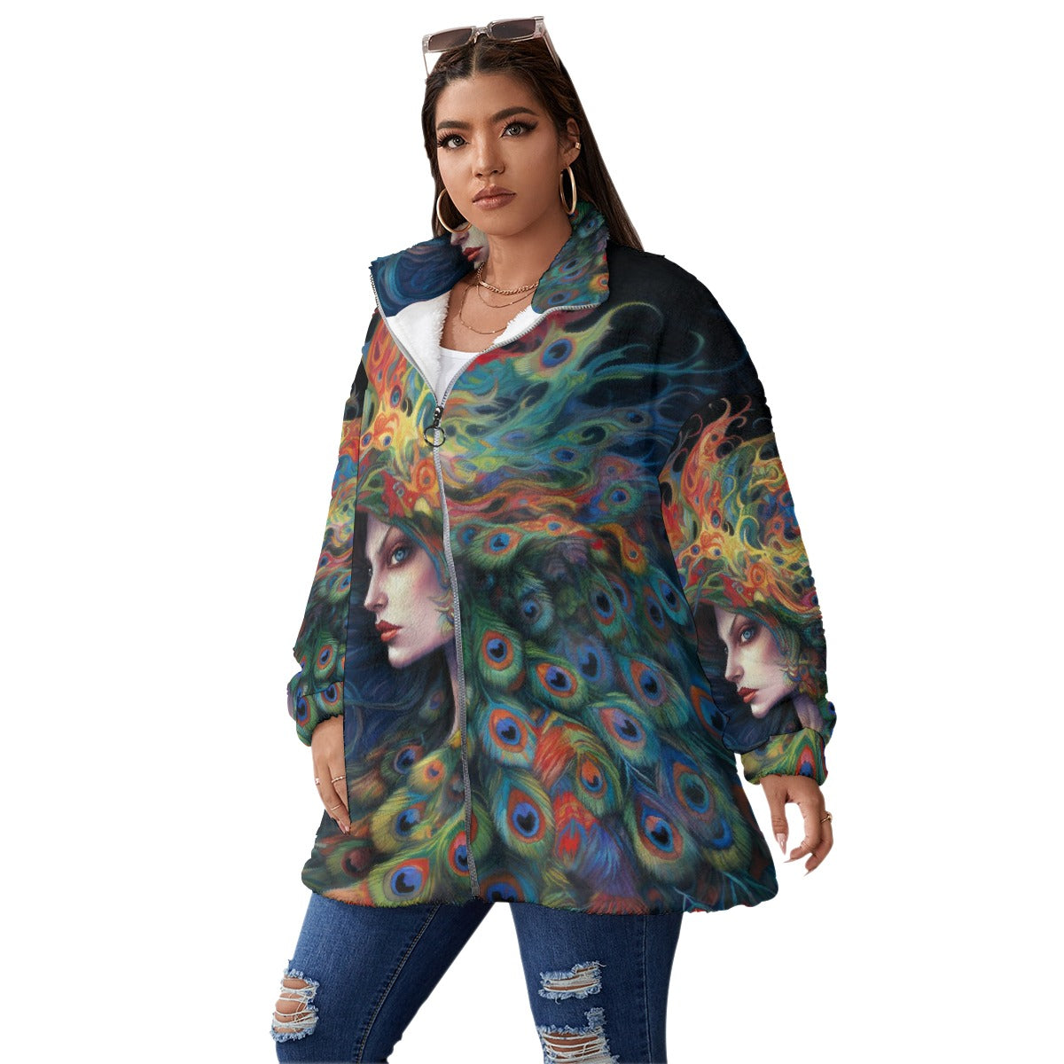 All-Over Print Unisex Borg Fleece Stand-up Collar Coat With Zipper Closure(Plus Size)
