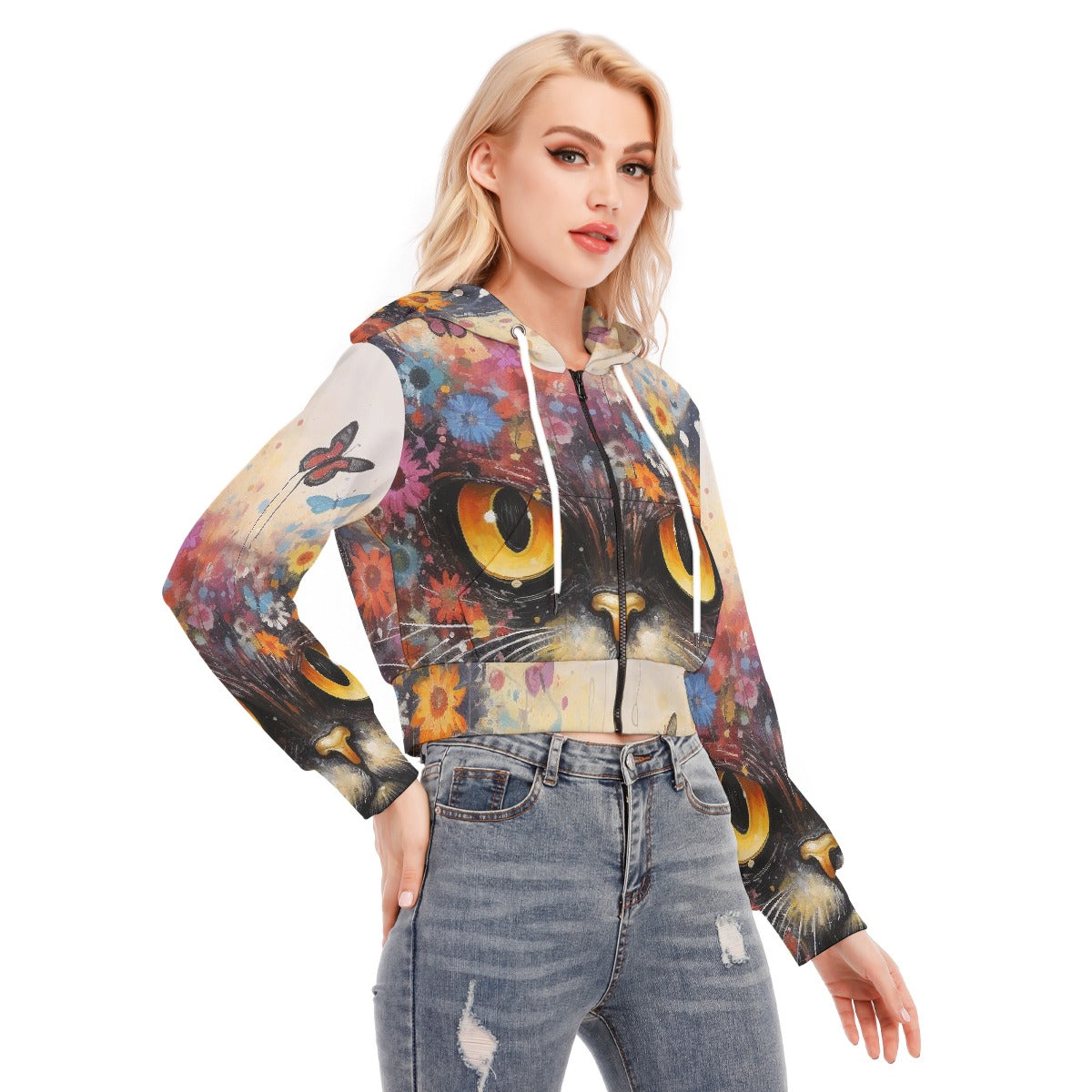 All-Over Print Women's Crop Top Hoodie With Zipper Closure