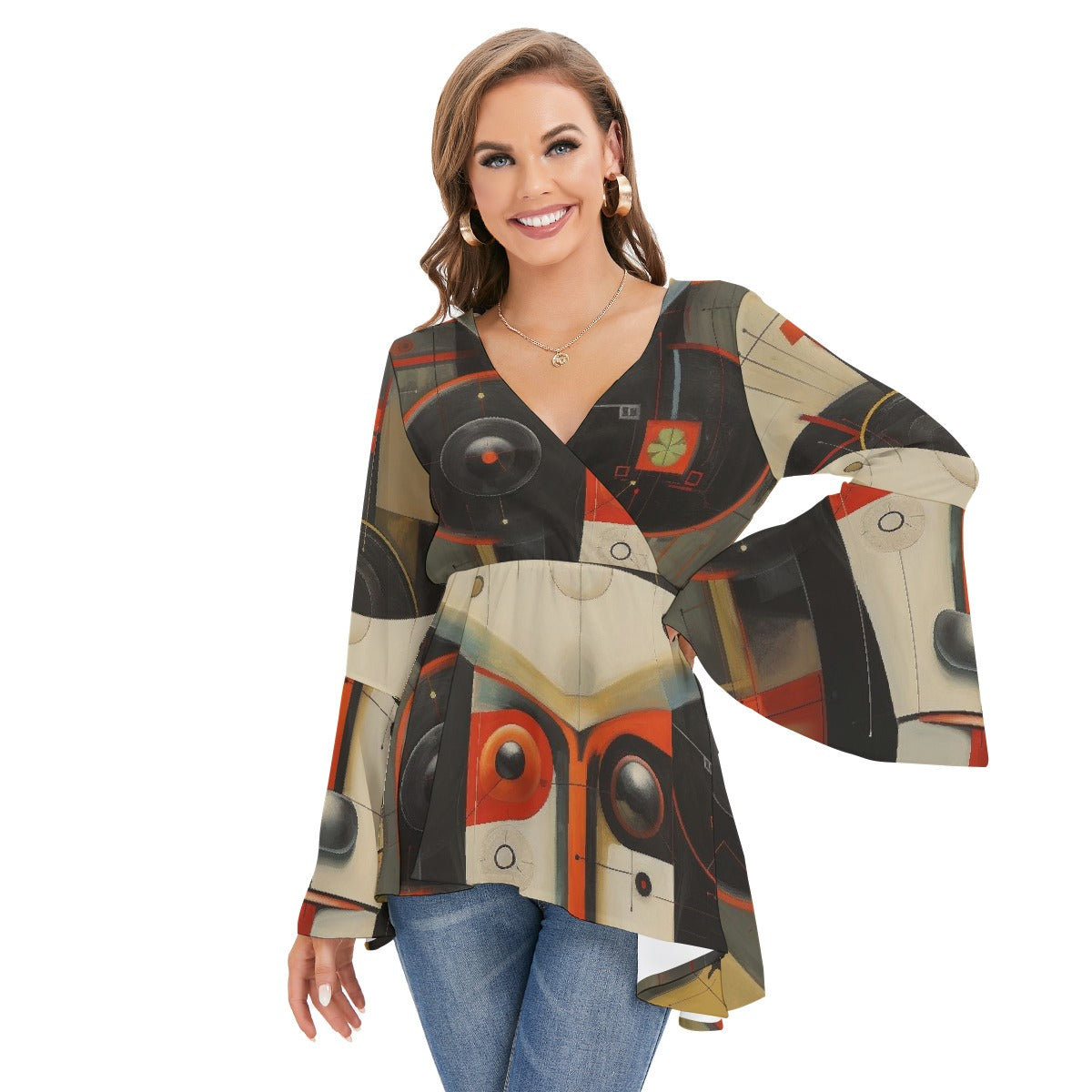 All-Over Print Women's V-neck Blouse With Flared Sleeves