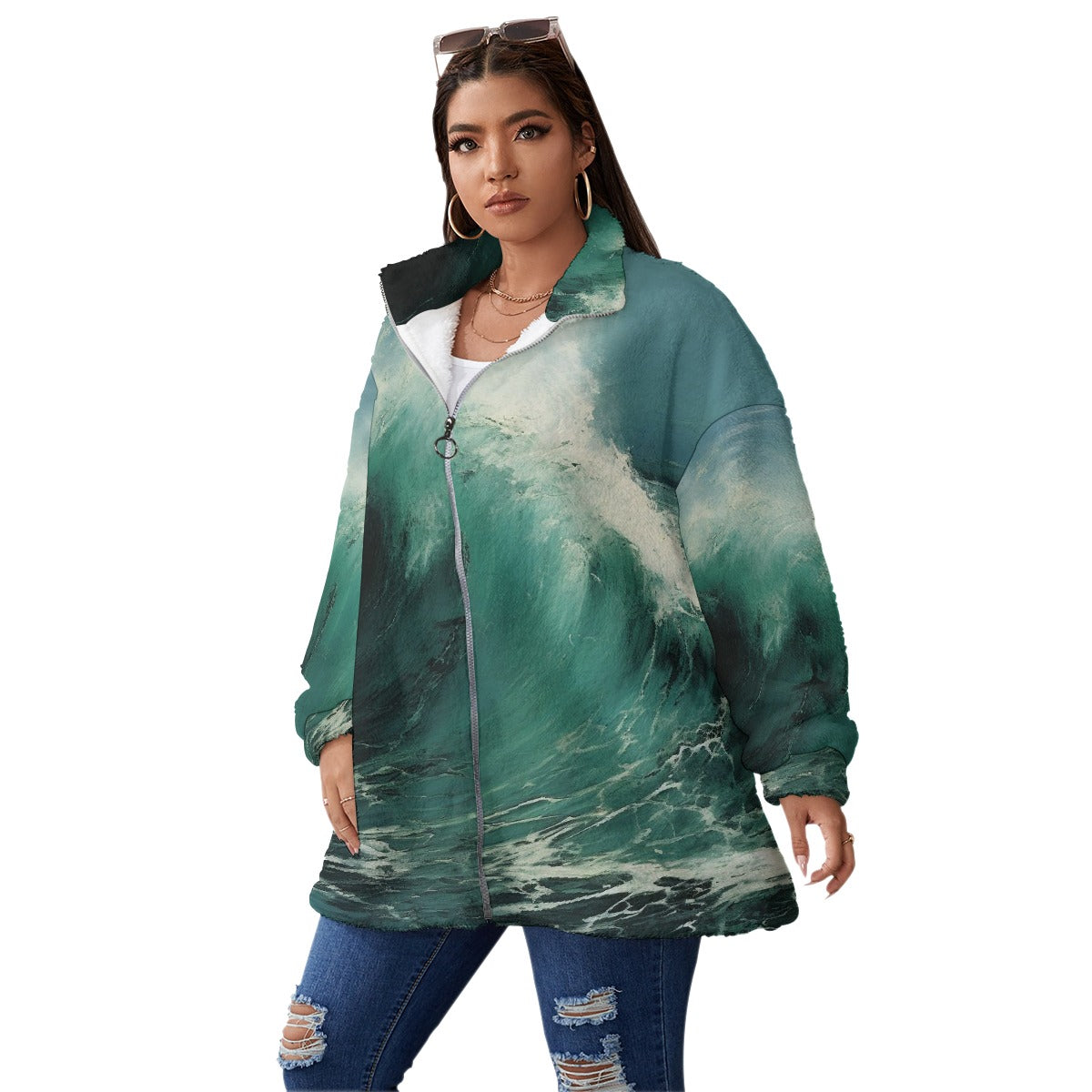 All-Over Print Unisex Borg Fleece Stand-up Collar Coat With Zipper Closure(Plus Size)