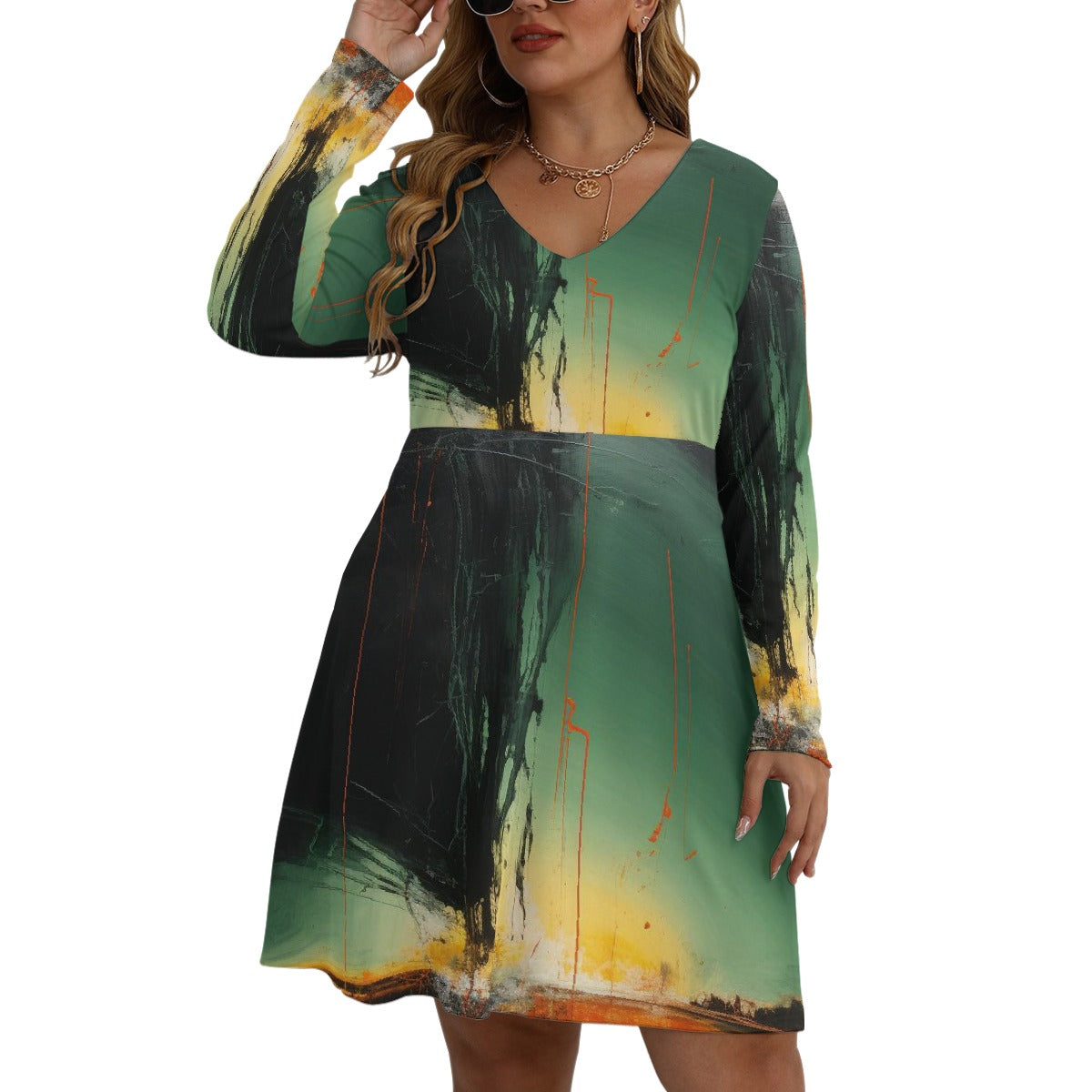 All-Over Print Women's V-neck Long Sleeve Dress(Plus Size)