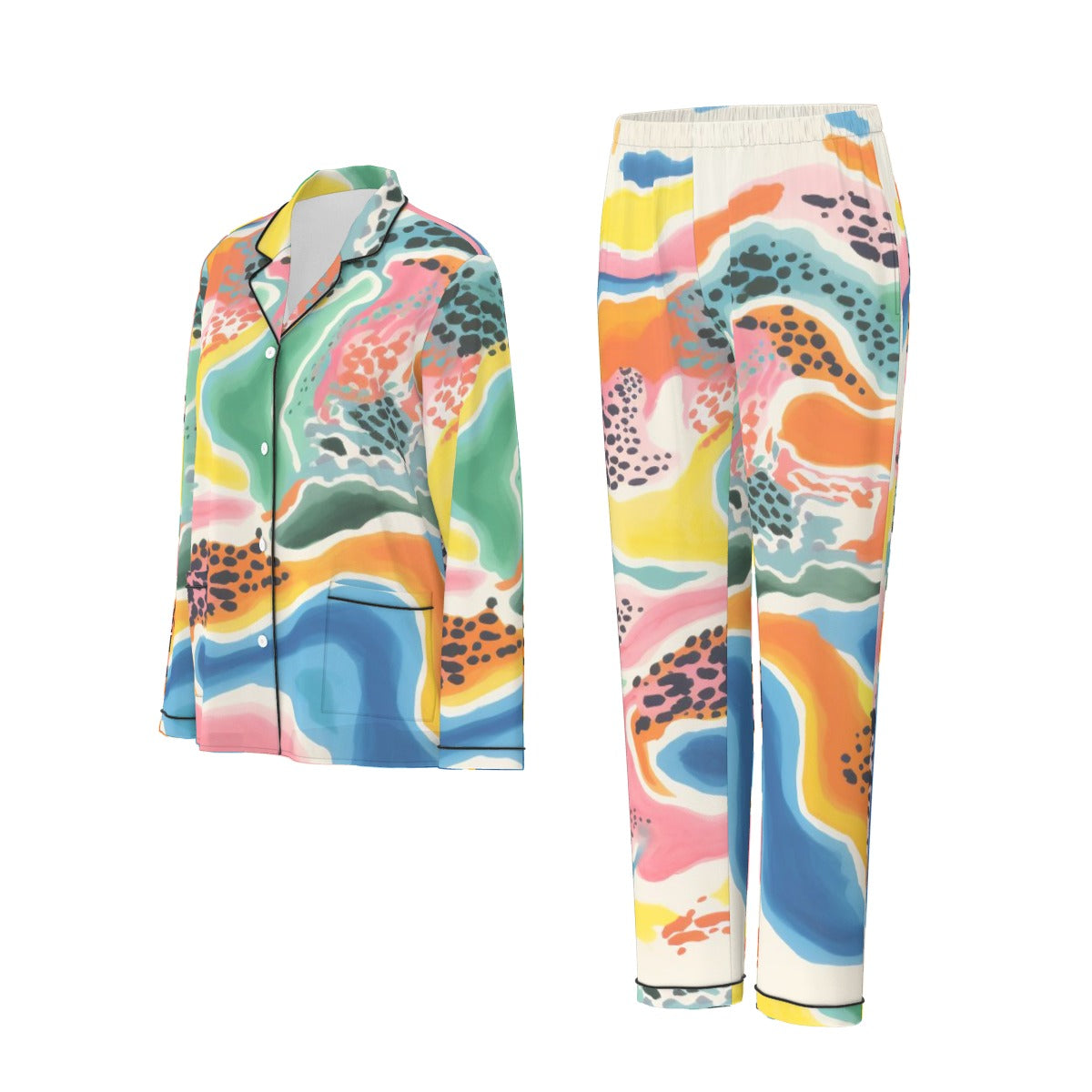 All-Over Print Women's Long Sleeve Pajama Set With Black Contrast Piping