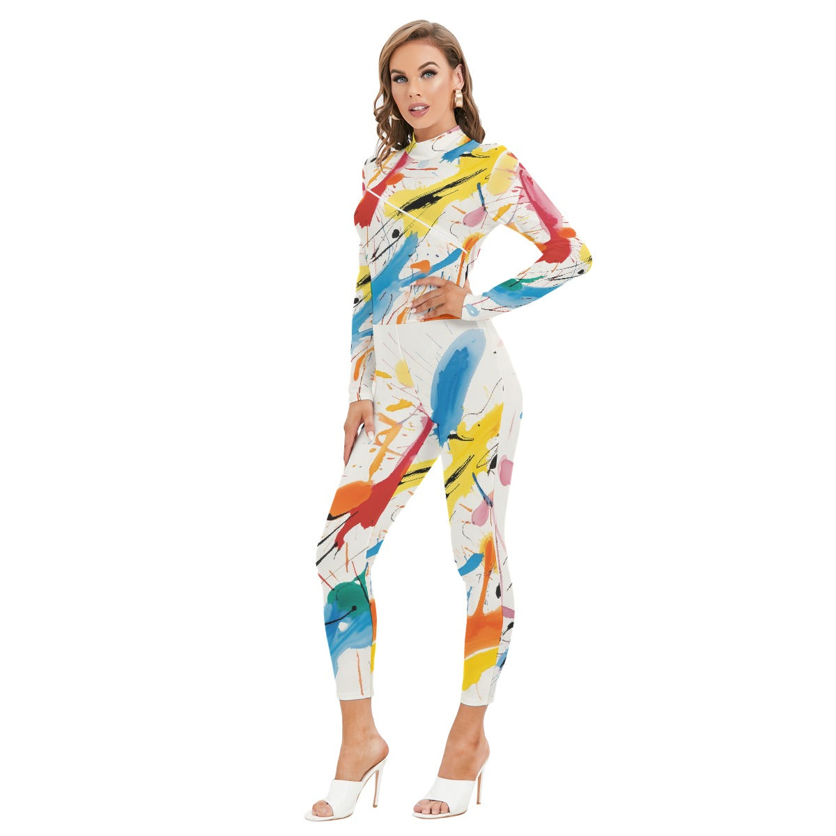 All-Over Print Women's Long-sleeved High-neck Jumpsuit With Zipper