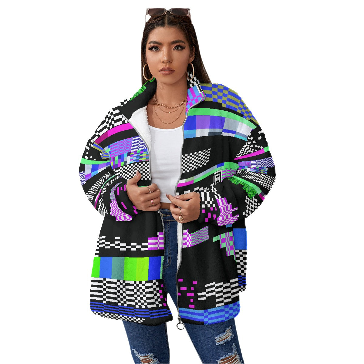 All-Over Print Unisex Borg Fleece Stand-up Collar Coat With Zipper Closure(Plus Size)