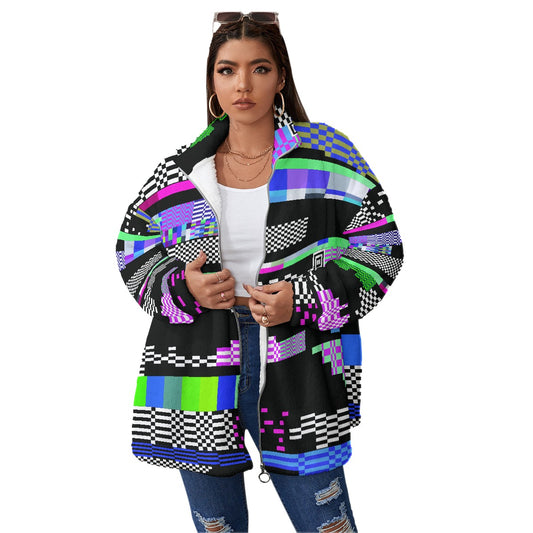 All-Over Print Unisex Borg Fleece Stand-up Collar Coat With Zipper Closure(Plus Size)