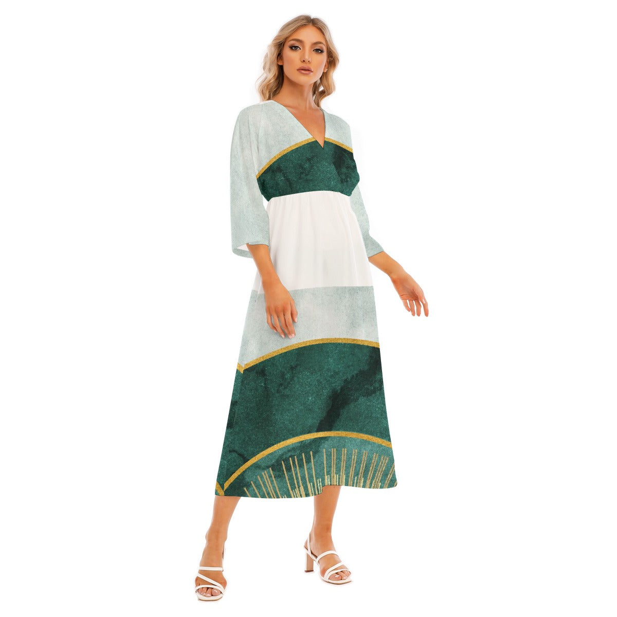 All-Over Print Women's Mid-Sleeve Long Dress