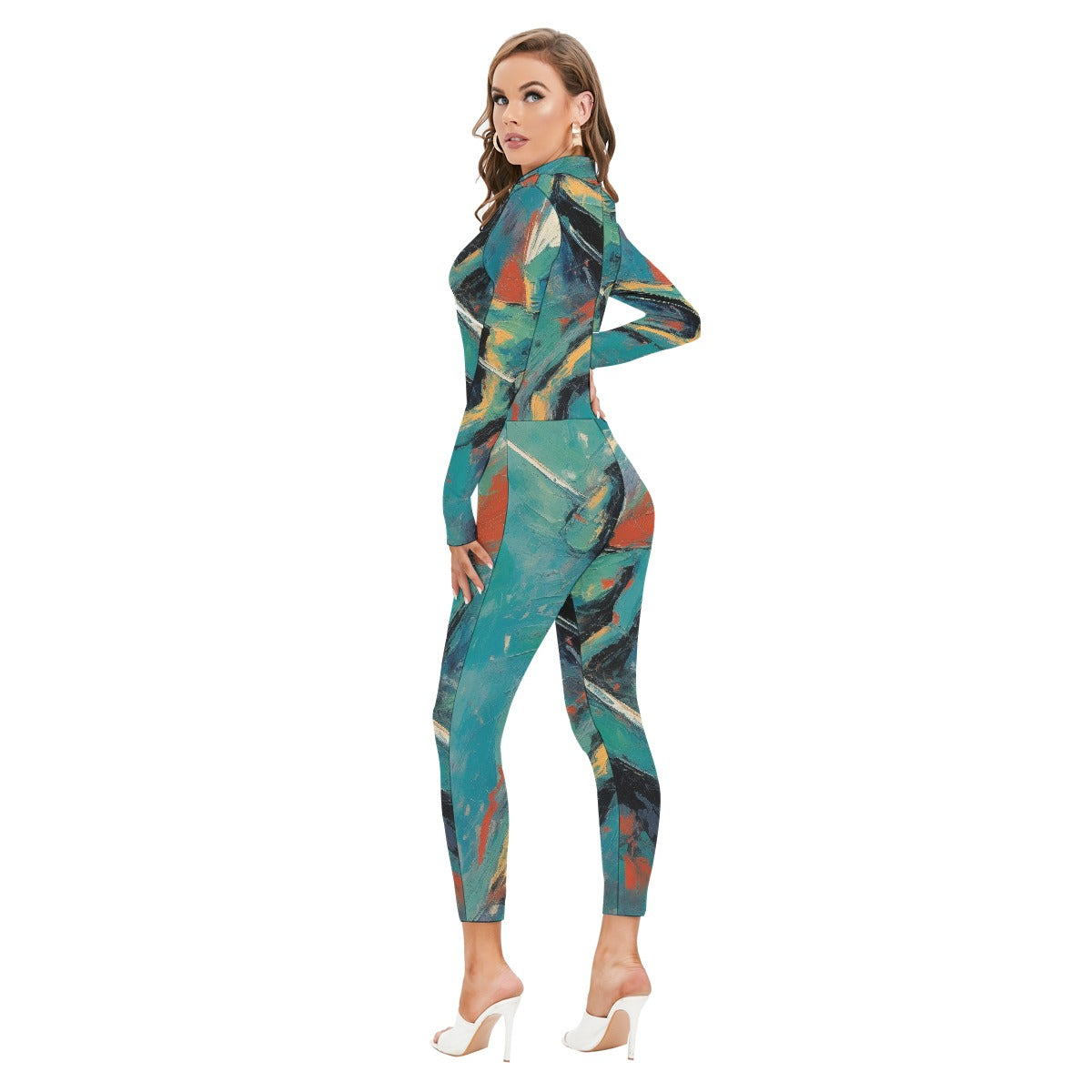 All-Over Print Women's Long-sleeved High-neck Jumpsuit With Zipper