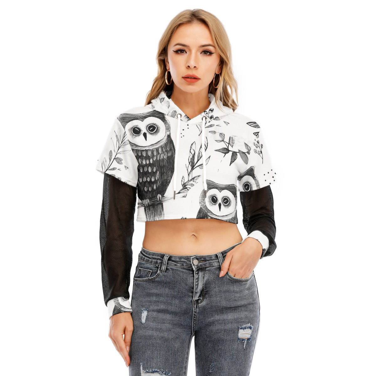All-Over Print Women's Fake Two-piece Mesh Sleeve Cropped Hoodie