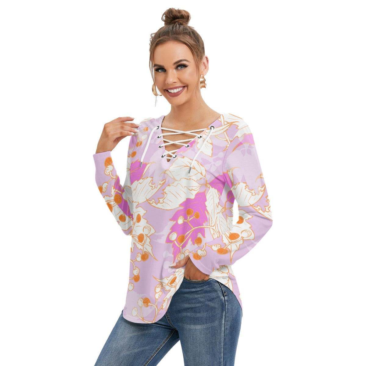 All-Over Print Women's Long Sleeve Neckline Tie Sweatshirt